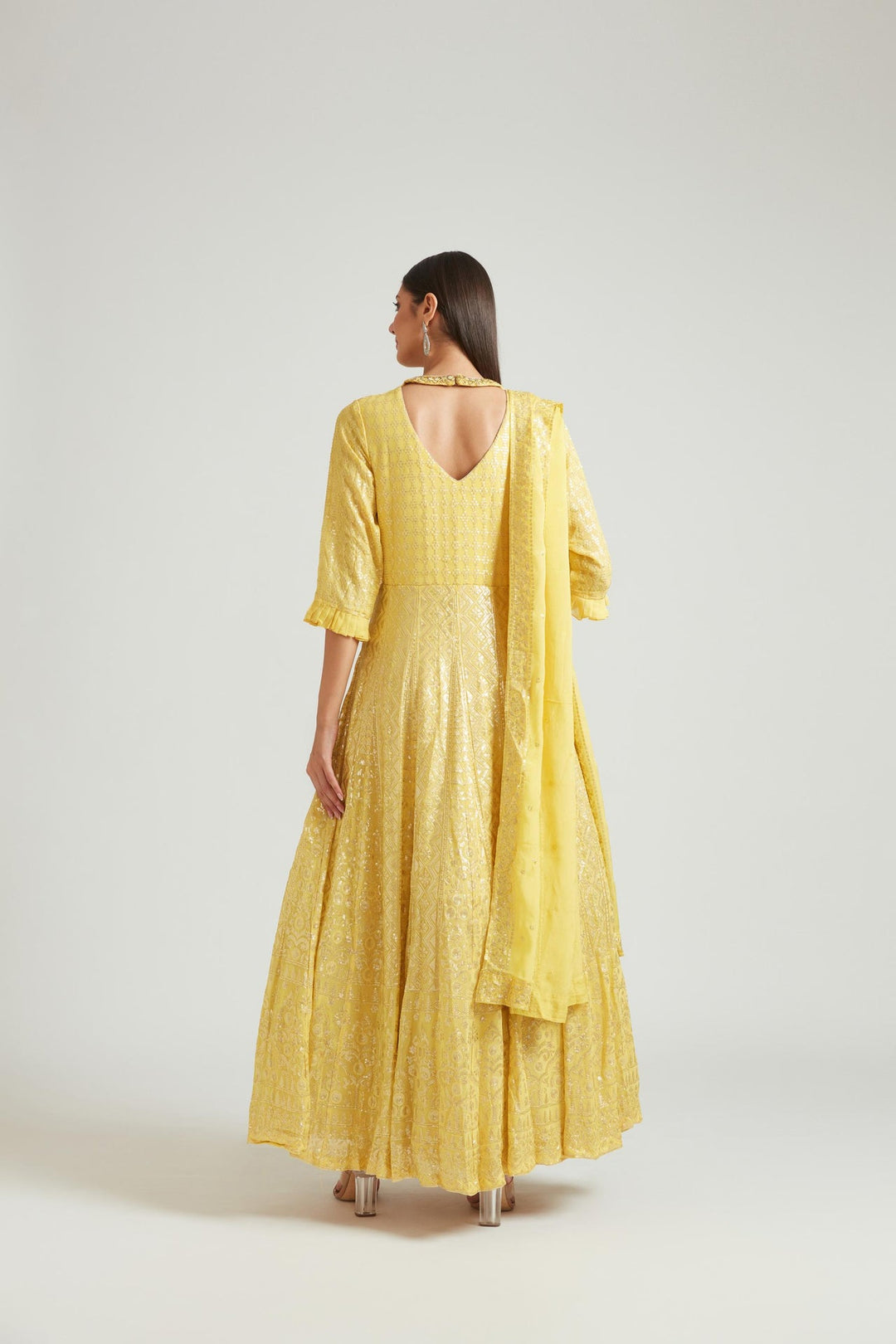 Neerus Yellow georgette printed kurta set - side view