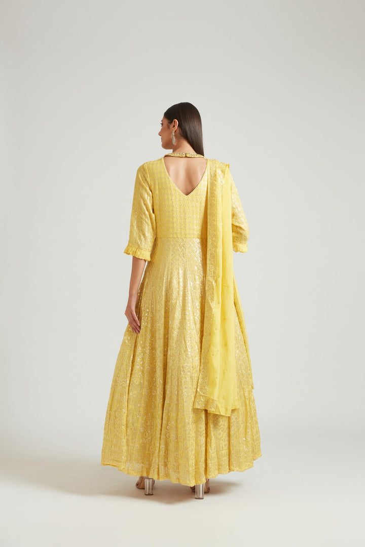 Neerus Yellow georgette printed kurta set - side view