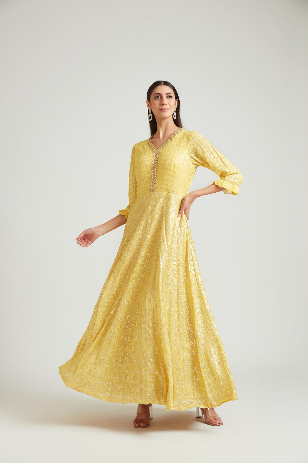 Neerus Yellow georgette printed kurta set - front view