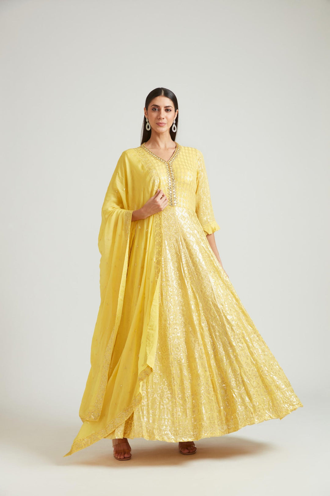 Neerus Yellow georgette printed kurta set - detail view 1