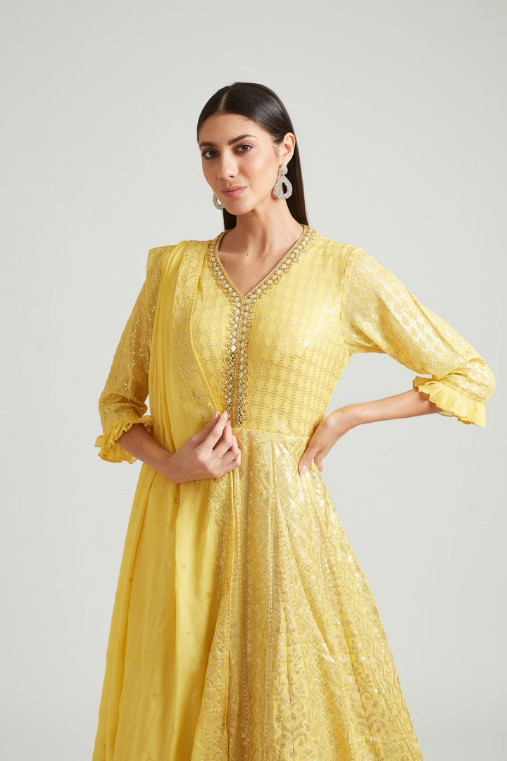 Neerus Yellow georgette printed kurta set - detail view 4