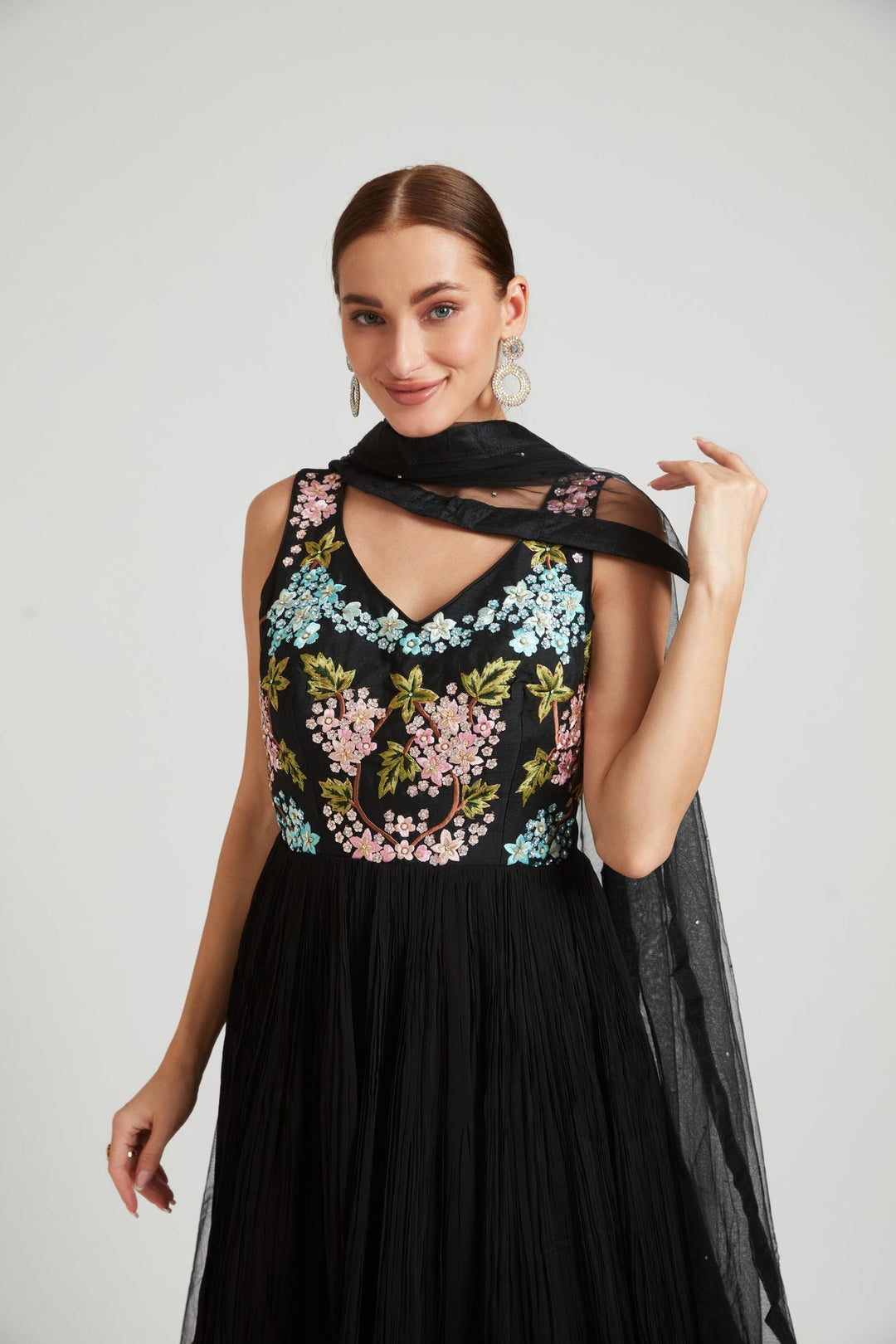 Neerus Black georgette embroidered kurta set - detail view 1
