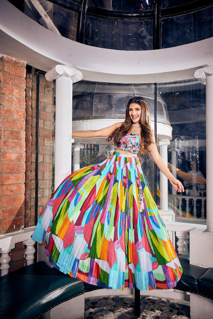 Neerus Multi crepe printed lehenga ghagra set - front view