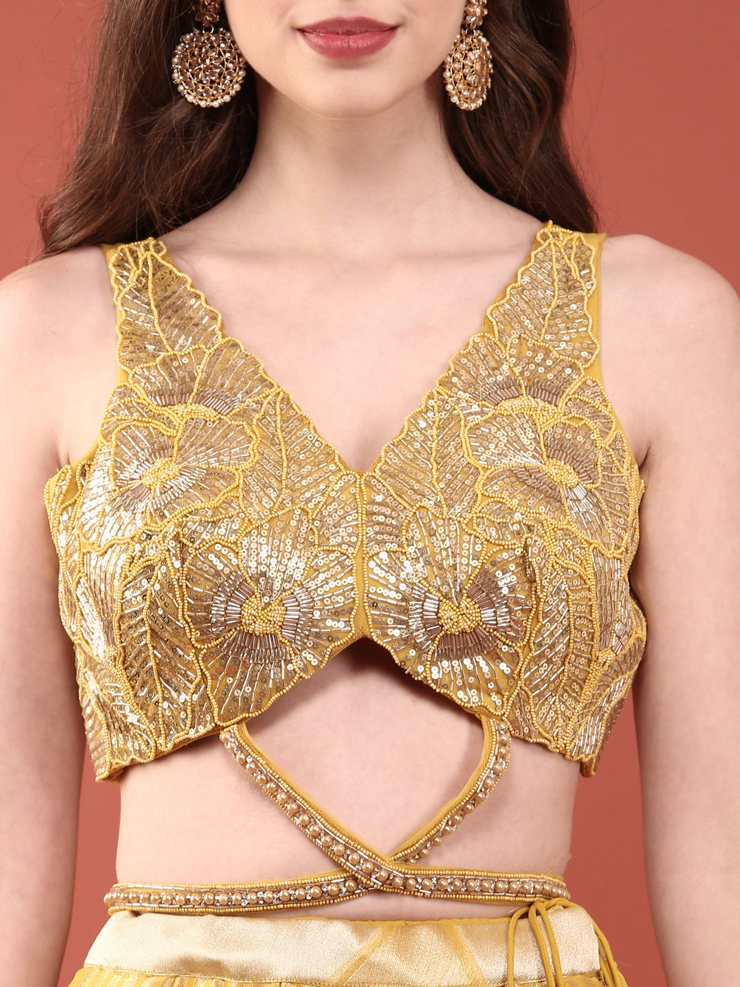 Neerus Yellow net hand embroidered lehenga set - detail view 2