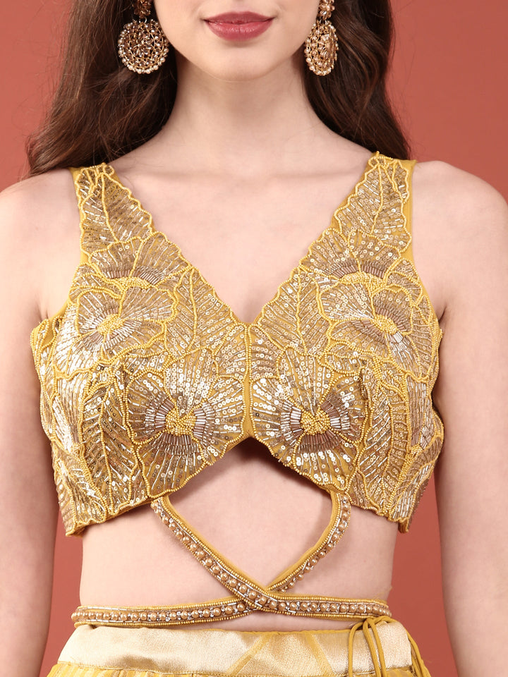 Yellow Net Fabric With Sequence And Hand Embroidery Ghagra Set