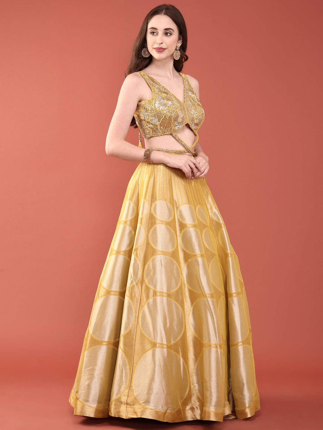 Neerus Yellow net hand embroidered lehenga set - side view