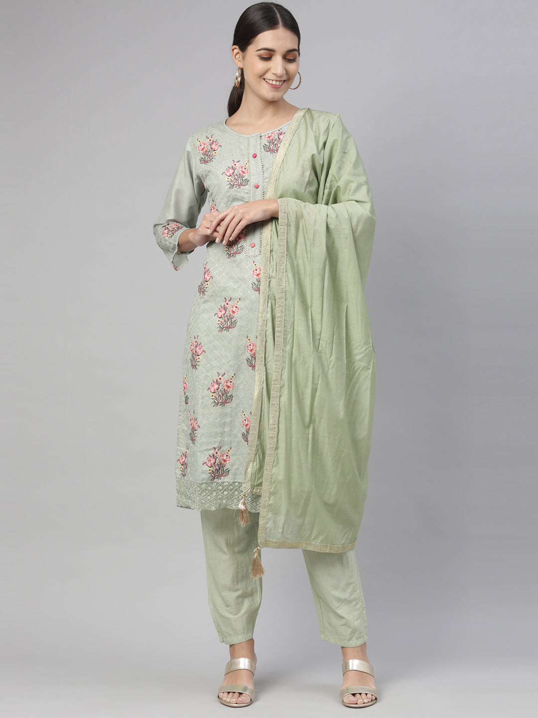 Neerus Green Chanderi printed kurta set - front view