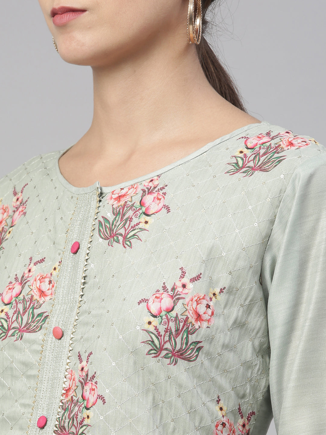 Neerus Green Chanderi printed kurta set - back view