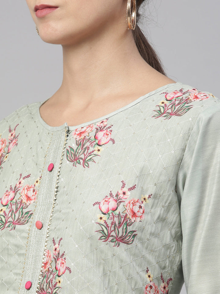 Neerus Green Chanderi printed kurta set - back view
