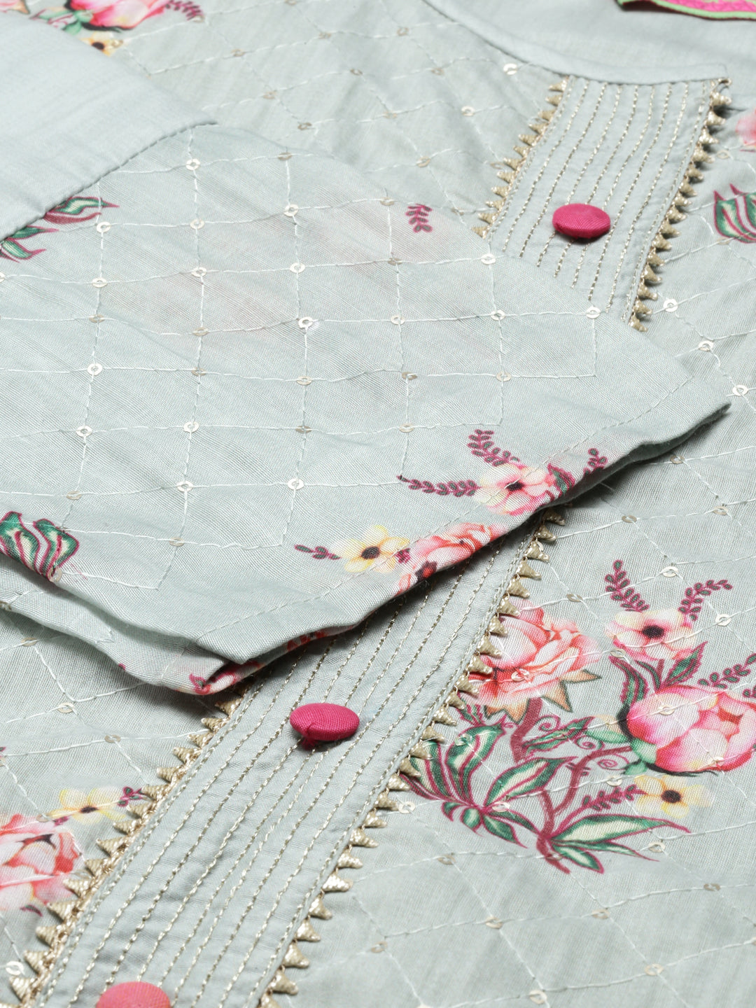 Neerus Green Chanderi printed kurta set - detail view 1