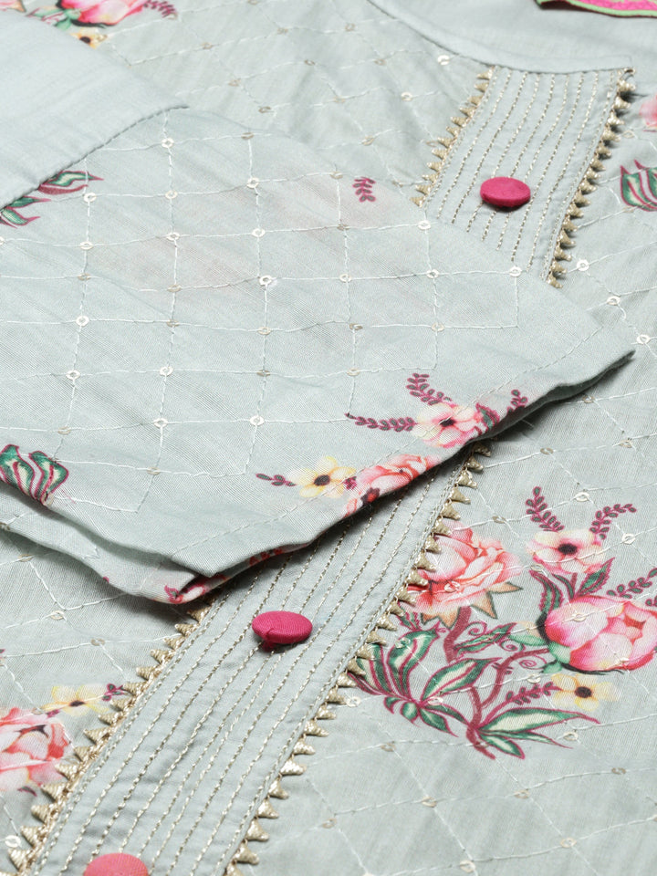 Neerus Green Chanderi printed kurta set - detail view 1