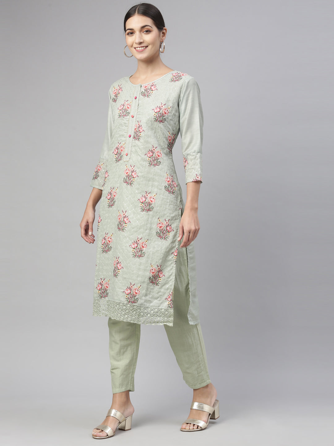 Neerus Green Chanderi printed kurta set - detail view 4