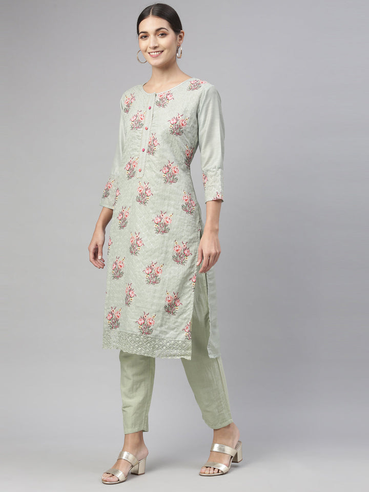 Neerus Green Chanderi printed kurta set - detail view 4