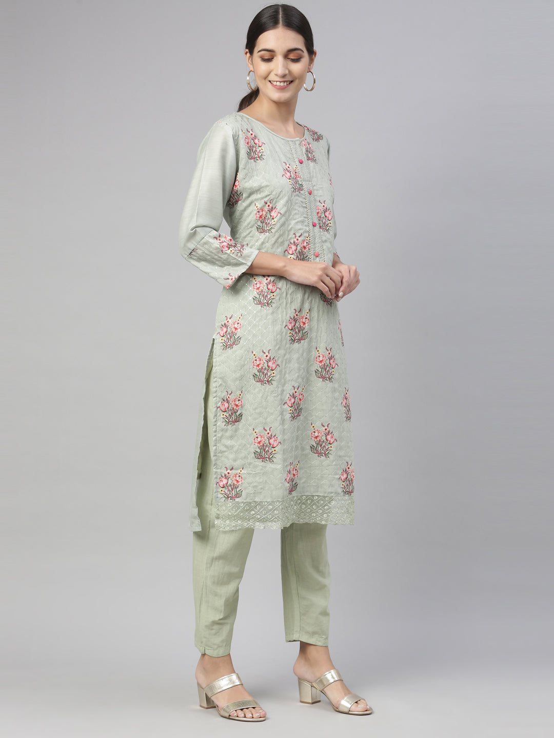 Neerus Green Chanderi printed kurta set - detail view 5