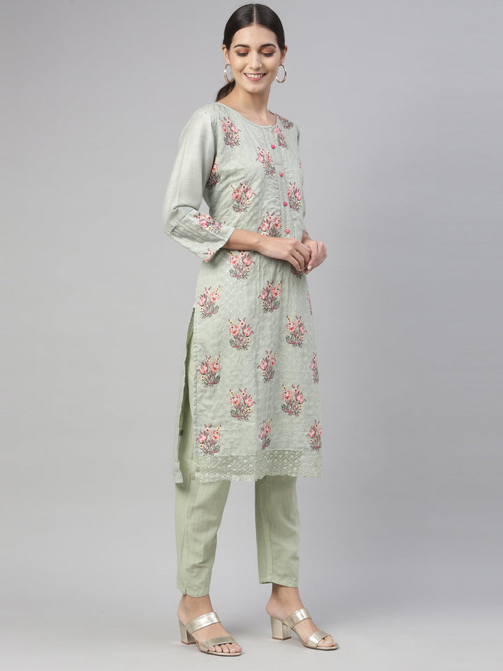 Neerus Green Chanderi printed kurta set - detail view 5
