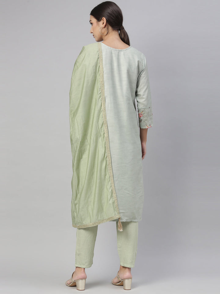 Neerus Green Chanderi printed kurta set - detail view 6