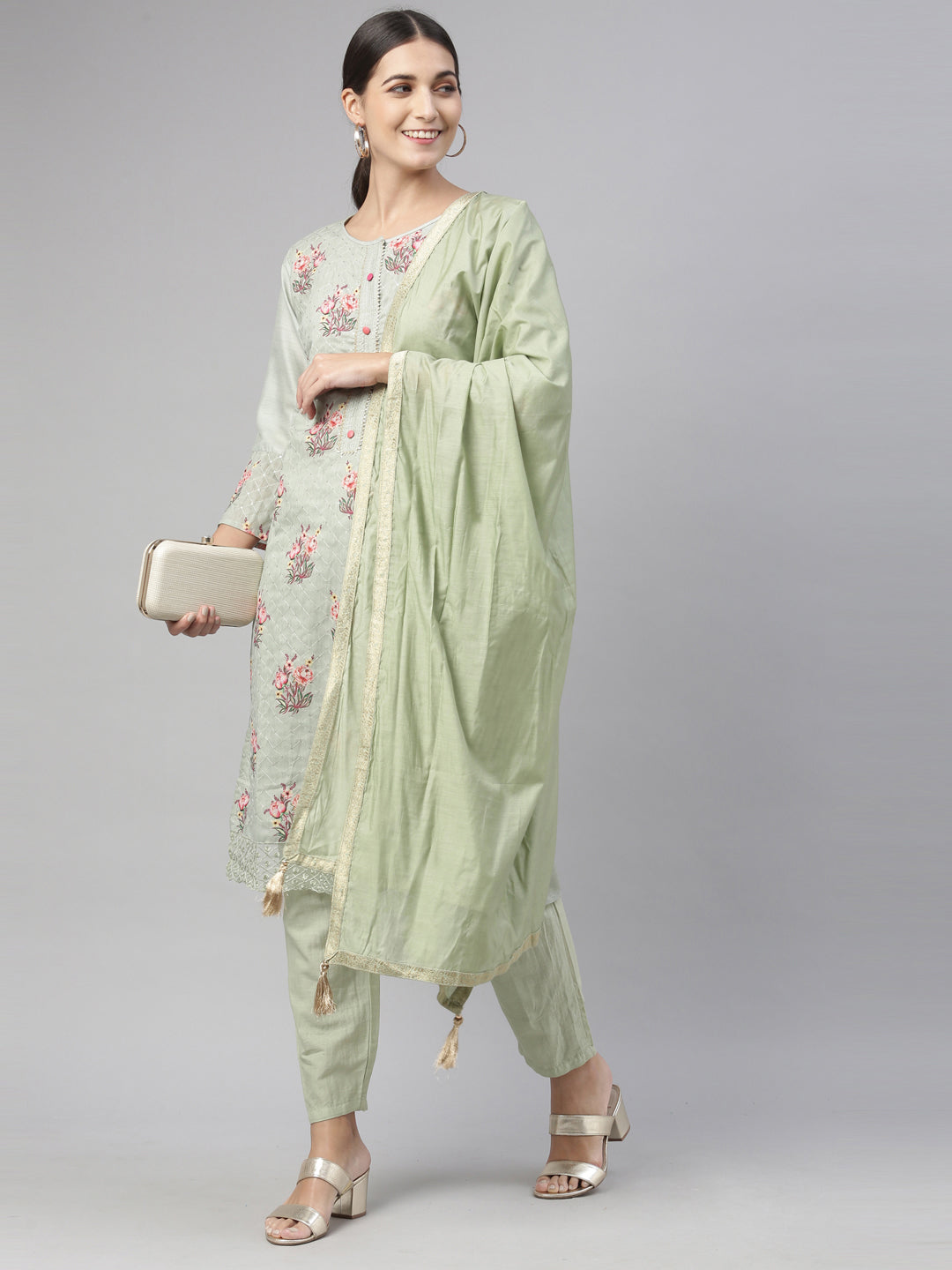 Neerus Green Chanderi printed kurta set - detail view 7