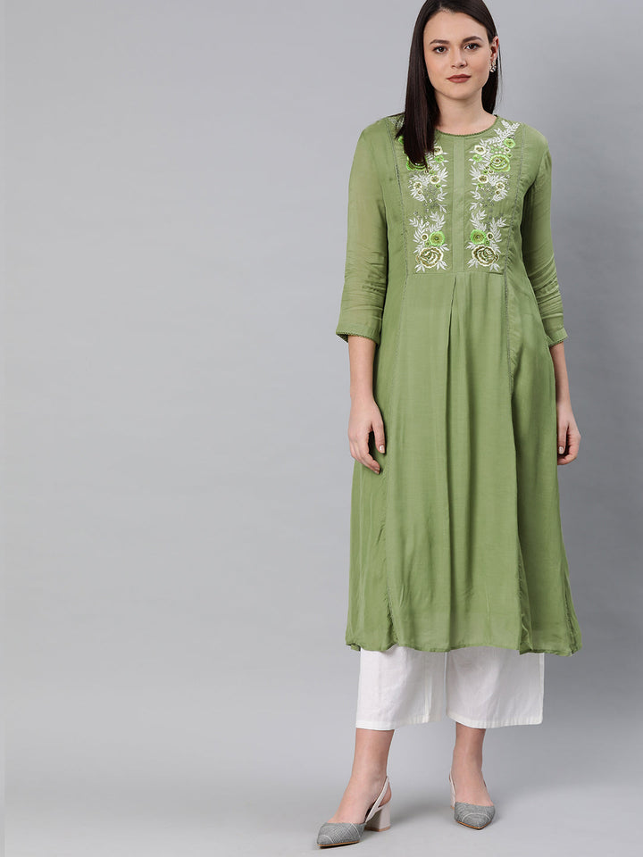 Neerus Green muslin embroidered A-Line kurta - front view
