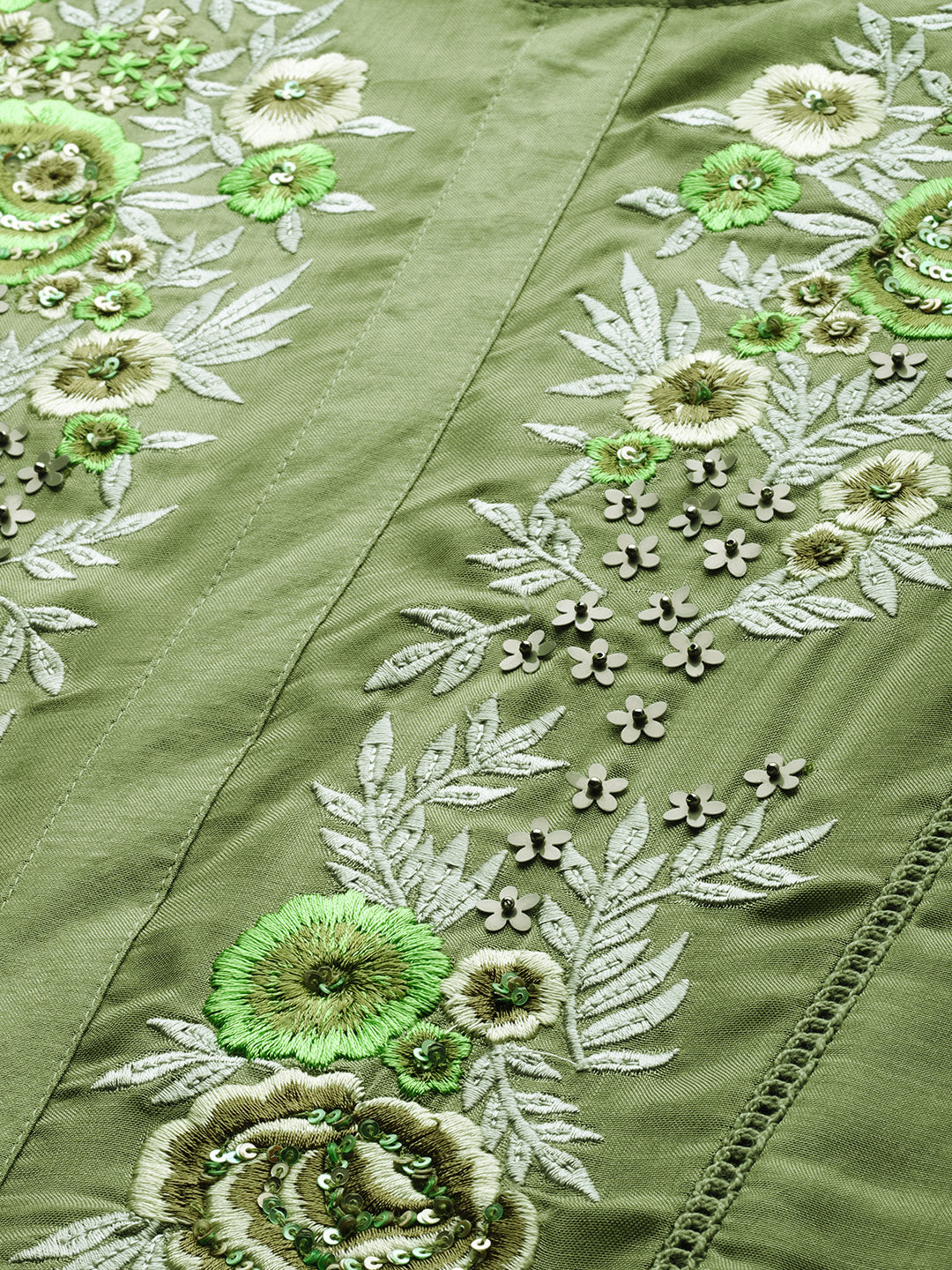 Neerus Green muslin embroidered A-Line kurta - back view