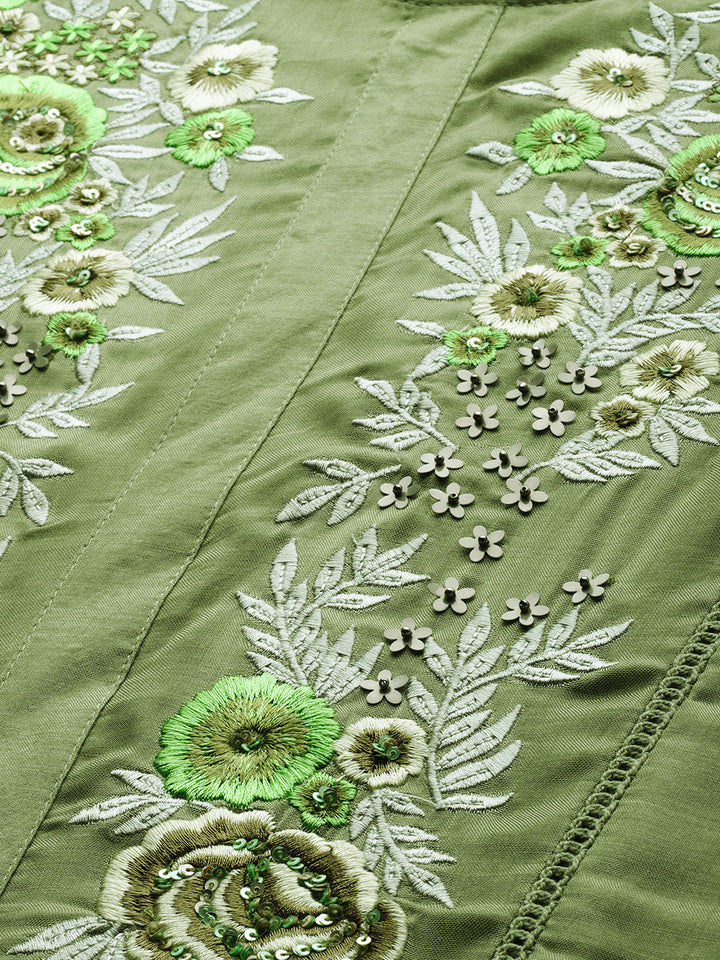 Neerus Green muslin embroidered A-Line kurta - back view