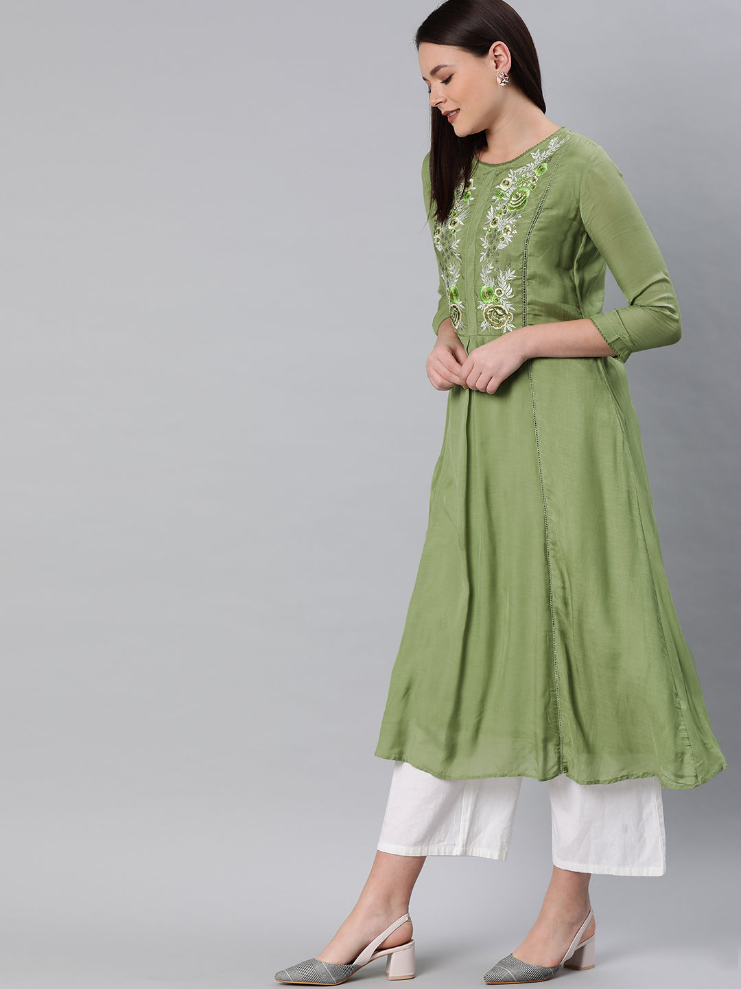 Neerus Green muslin embroidered A-Line kurta - side view