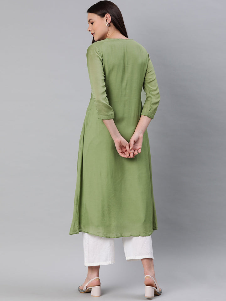 Neerus Green muslin embroidered A-Line kurta - detail view 1