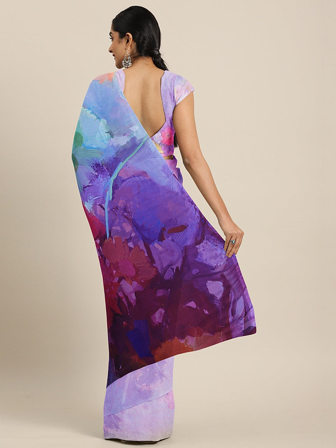 Neerus Purple crepe printed saree - back view