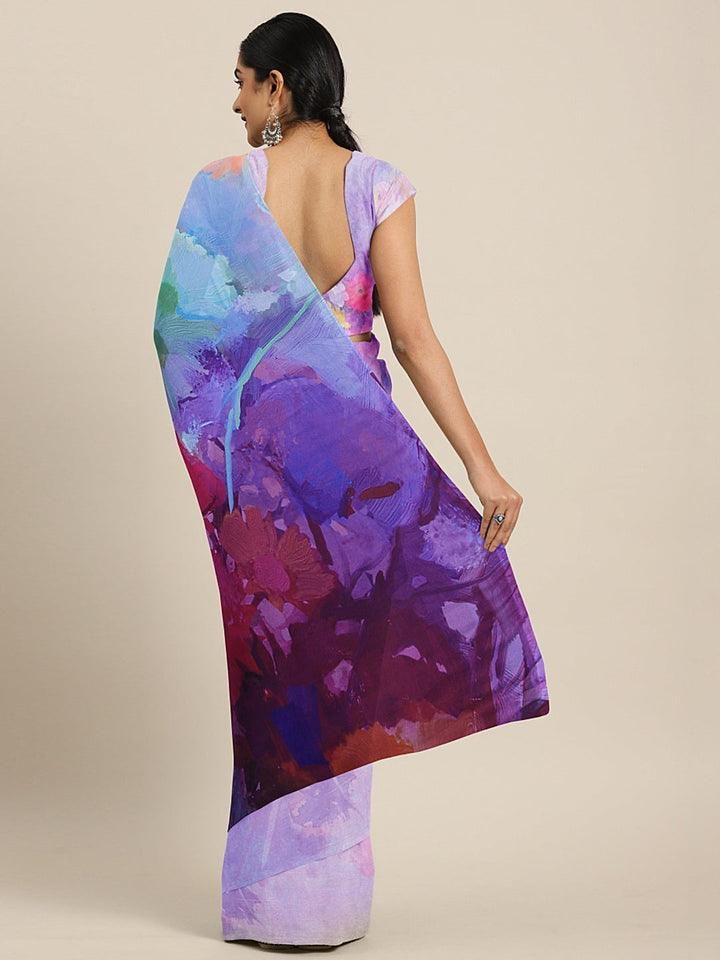 Neerus Purple crepe printed saree - back view