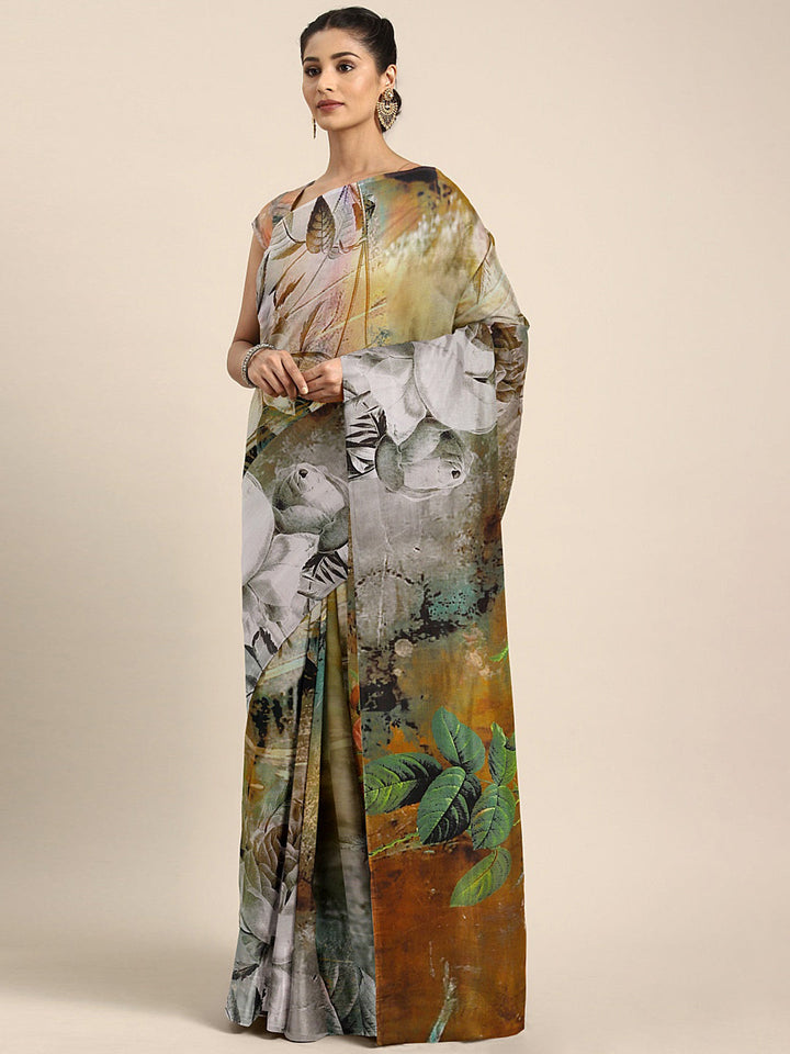 Neerus Multi crepe printed saree with blouse piece - front view