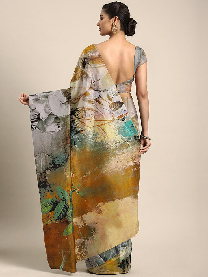 Neerus Multi crepe printed saree with blouse piece - back view