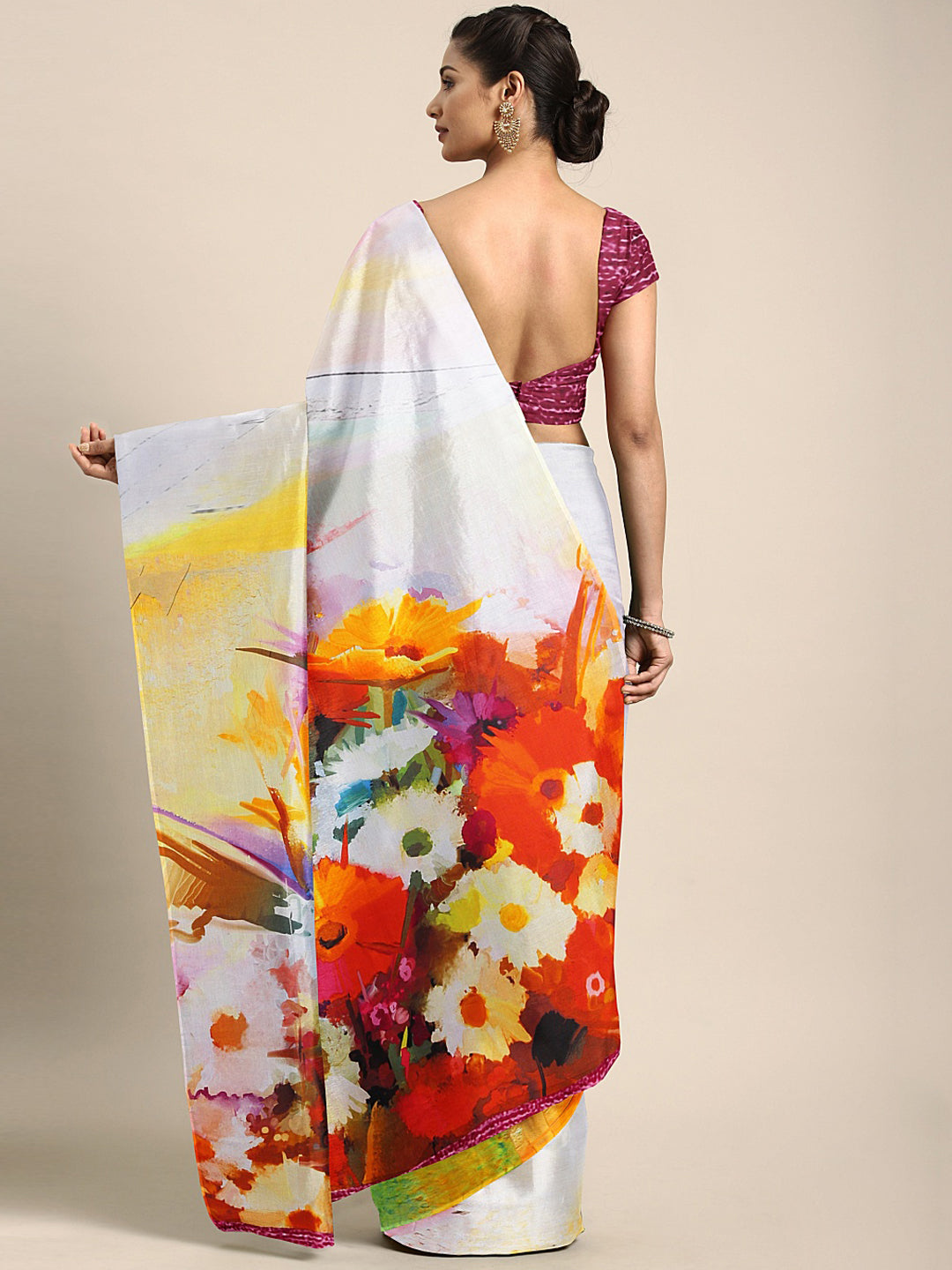 Neerus Multi crepe printed saree with blouse piece - back view