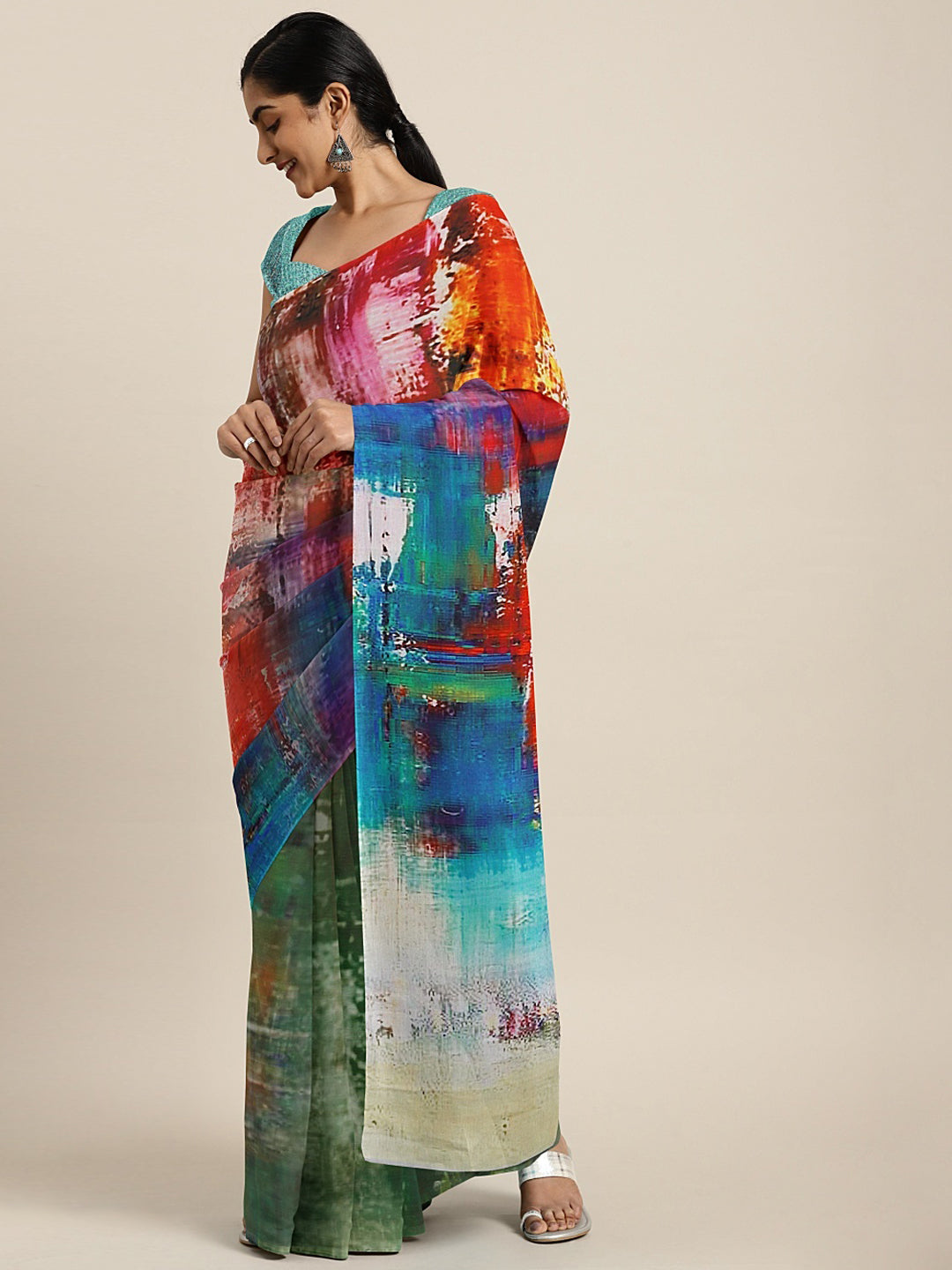 Neerus Multi crepe printed saree with blouse piece - front view