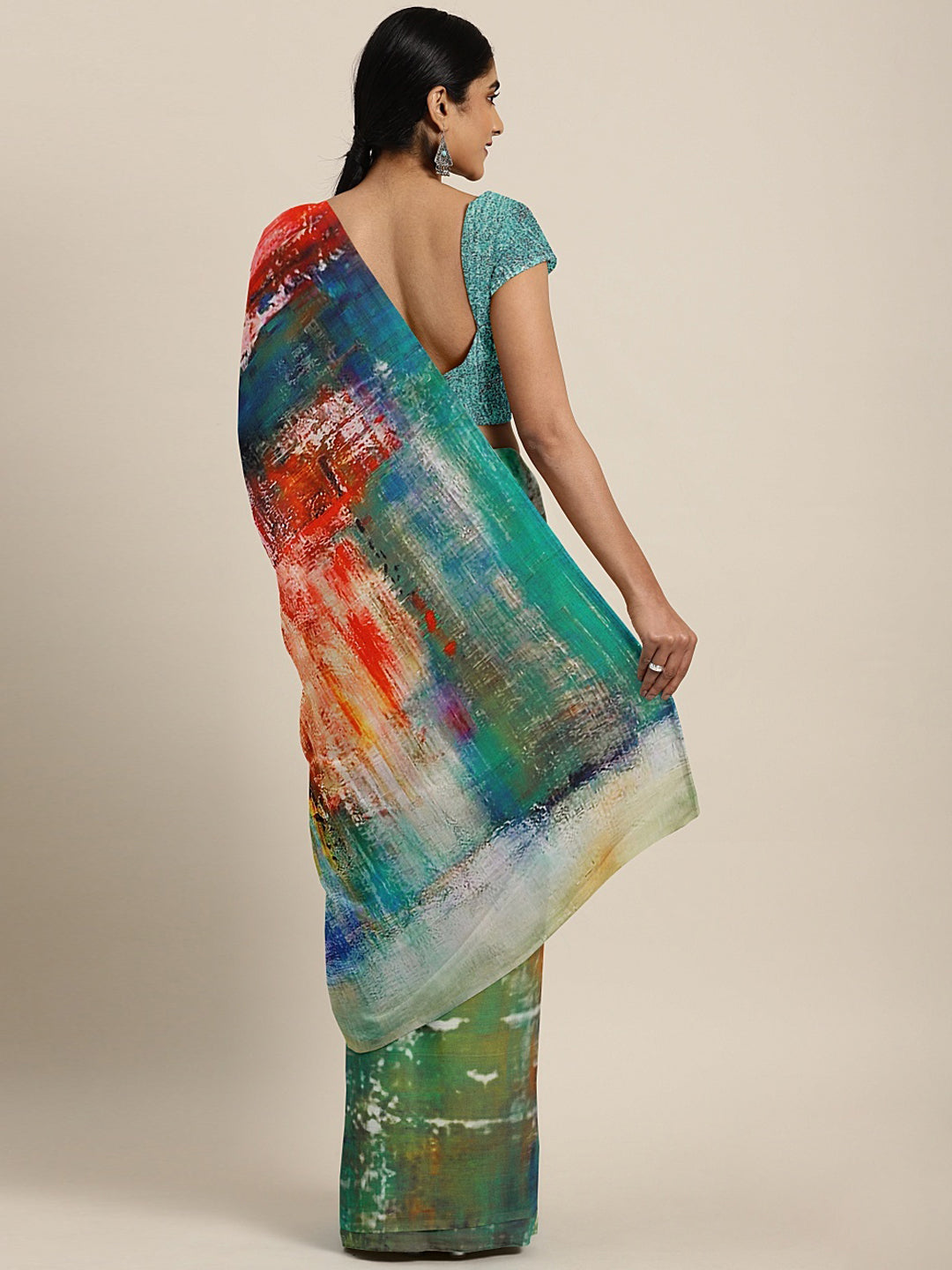 Neerus Multi crepe printed saree with blouse piece - back view