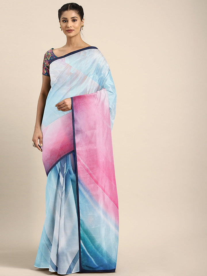 Neerus Blue pink crepe printed saree with blouse - front view