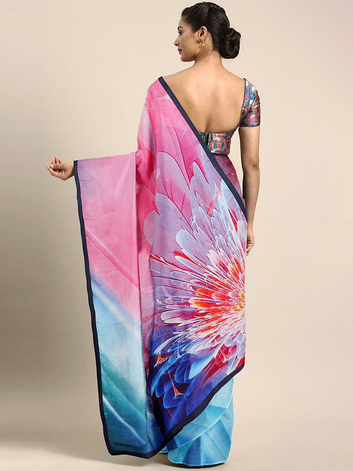 Neerus Blue pink crepe printed saree with blouse - back view