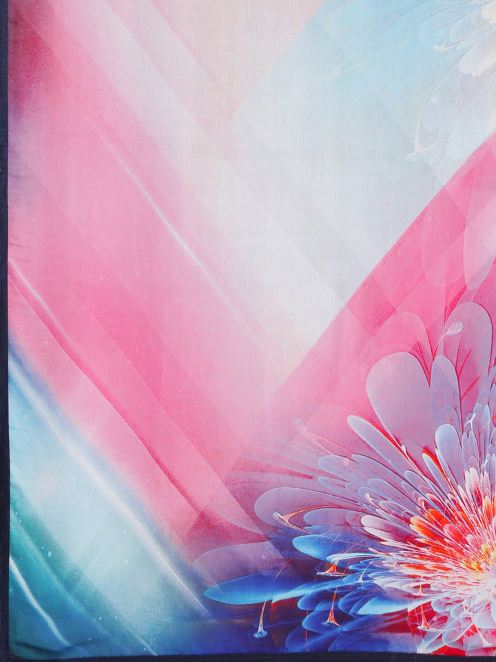 Neerus Blue pink crepe printed saree with blouse - detail view 1