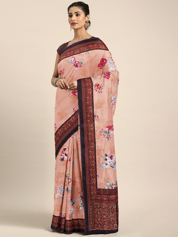 Neerus Orange crepe printed saree with blouse piece - front view