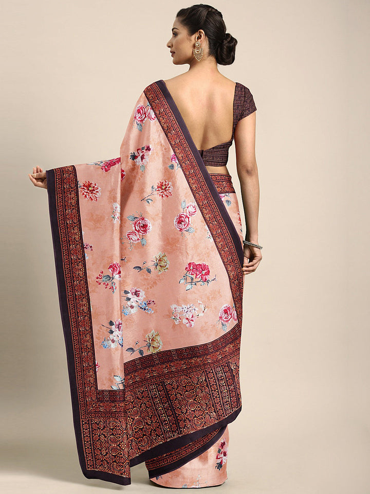 Neerus Orange crepe printed saree with blouse piece - back view