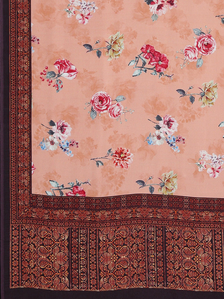Neerus Orange crepe printed saree with blouse piece - detail view 1