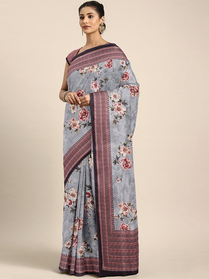 Neerus Grey crepe printed saree with blouse piece - front view