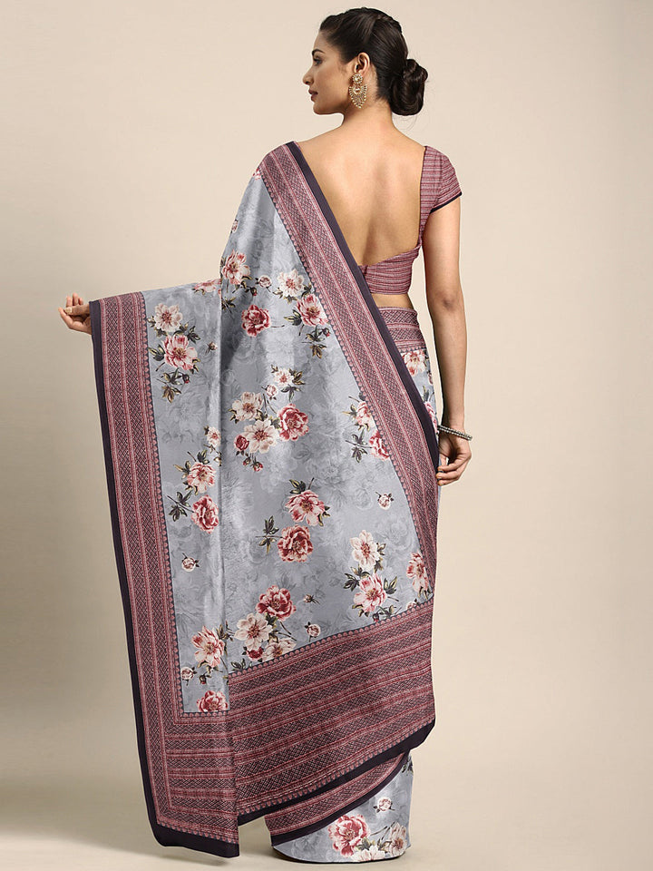 Neerus Grey crepe printed saree with blouse piece - back view