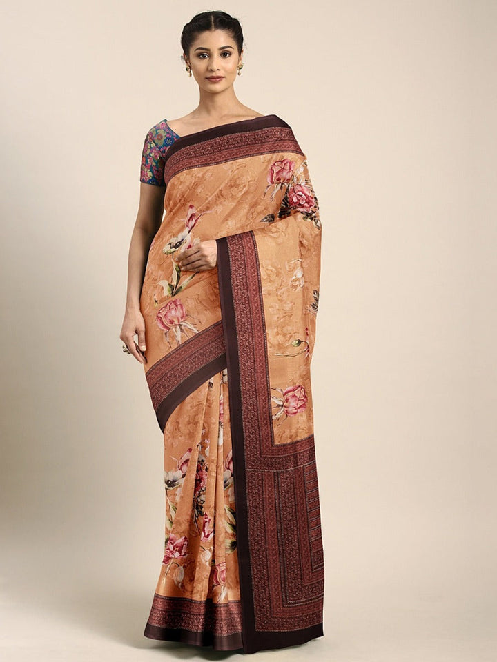 Neerus Orange crepe printed saree with blouse piece - front view