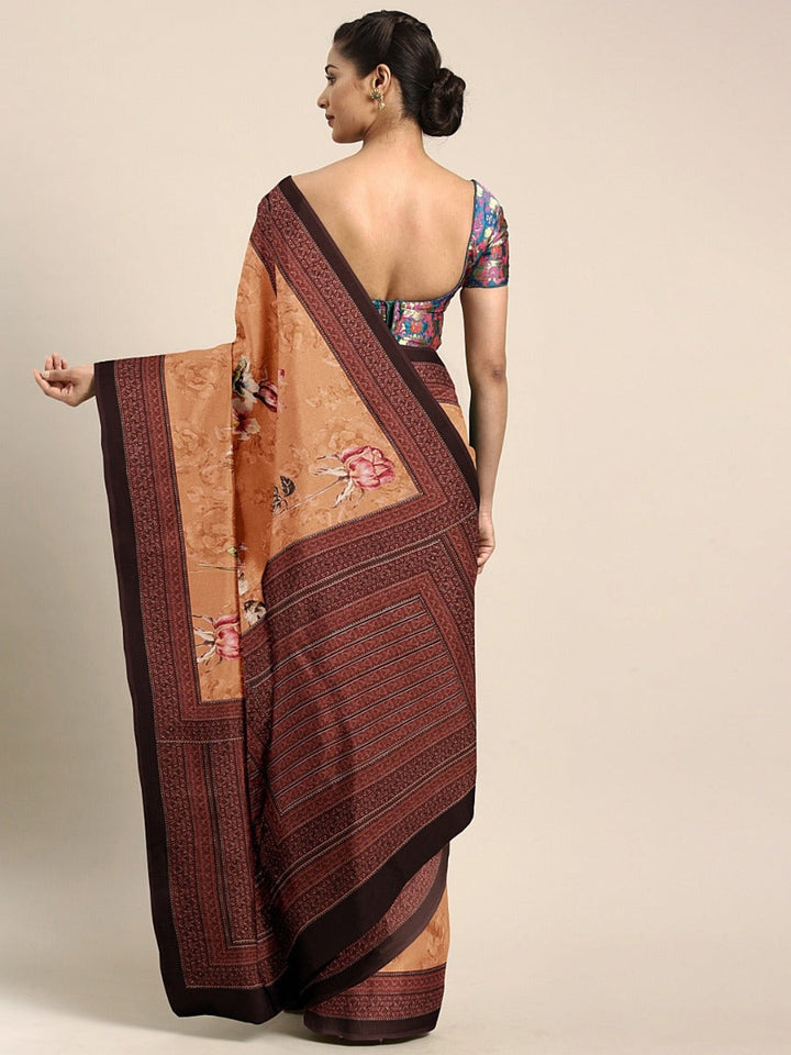 Neerus Orange crepe printed saree with blouse piece - back view