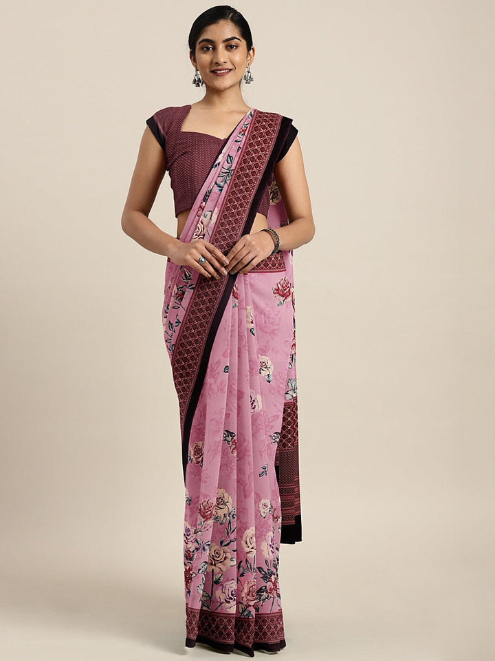 Neerus Pink crepe printed saree with blouse piece - front view