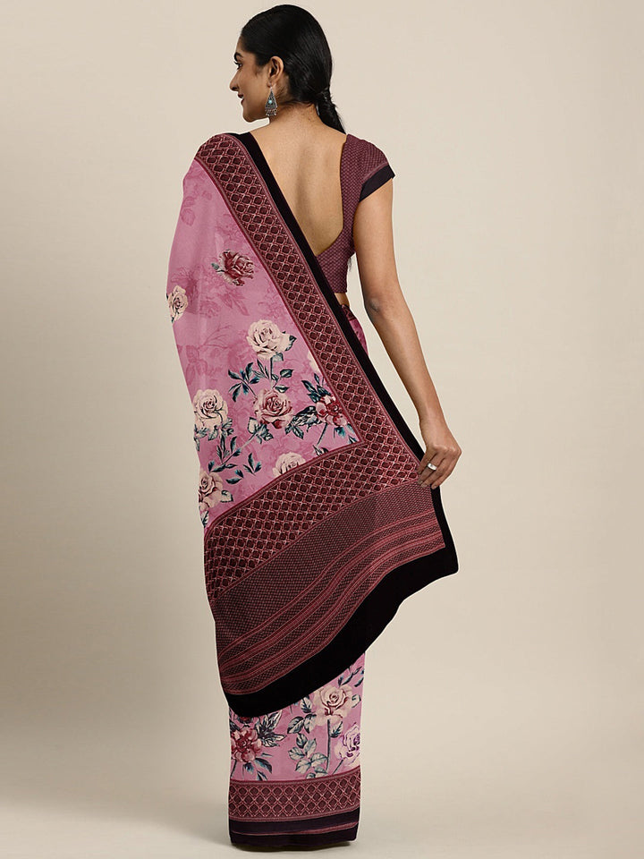 Neerus Pink crepe printed saree with blouse piece - back view