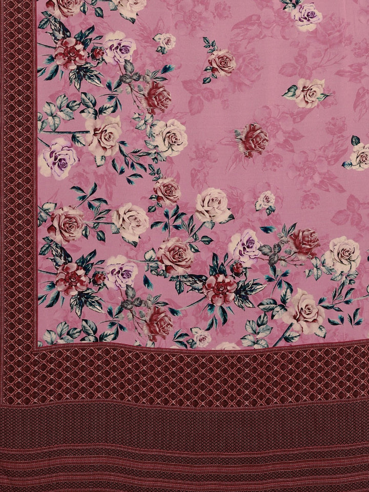 Neerus Pink crepe printed saree with blouse piece - detail view 1