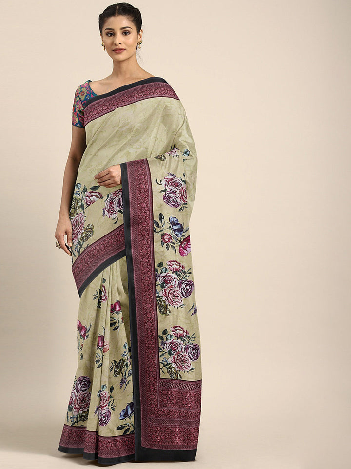 Neerus Green crepe printed saree with blouse piece - front view