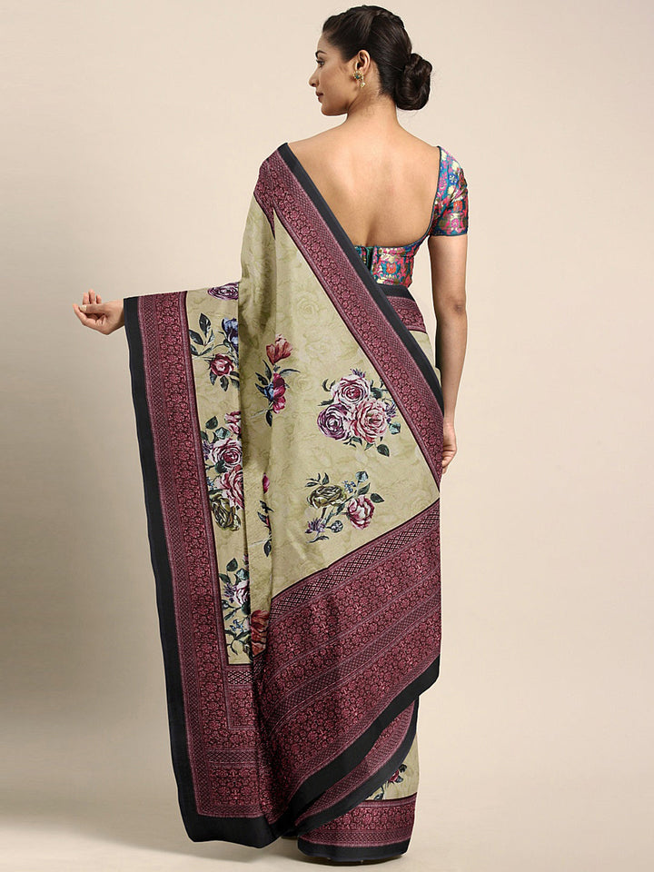 Neerus Green crepe printed saree with blouse piece - back view