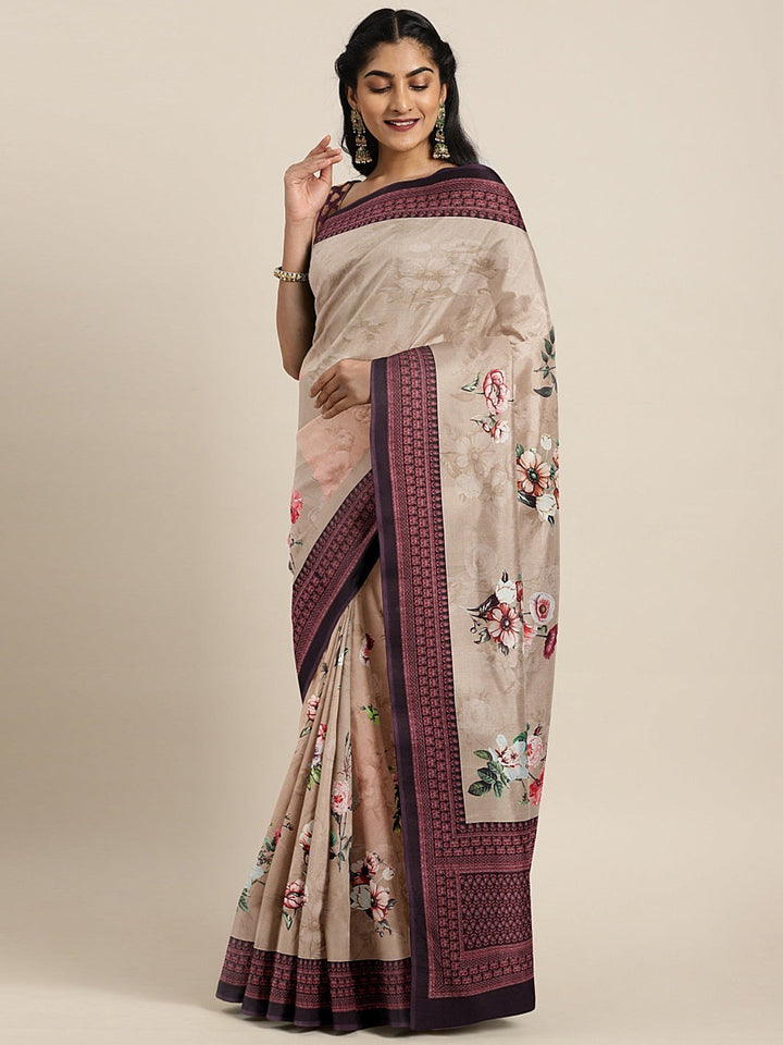 Neerus Beige crepe printed saree - front view