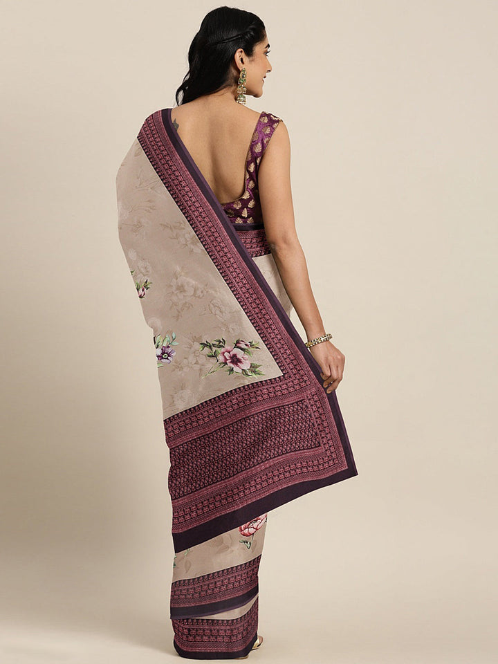 Neerus Beige crepe printed saree - back view